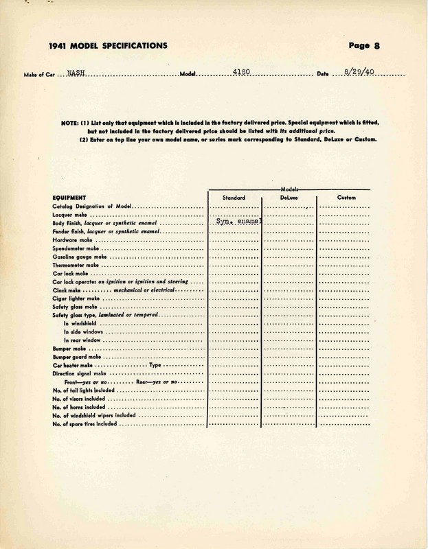 1941 Nash Specifications Page 5